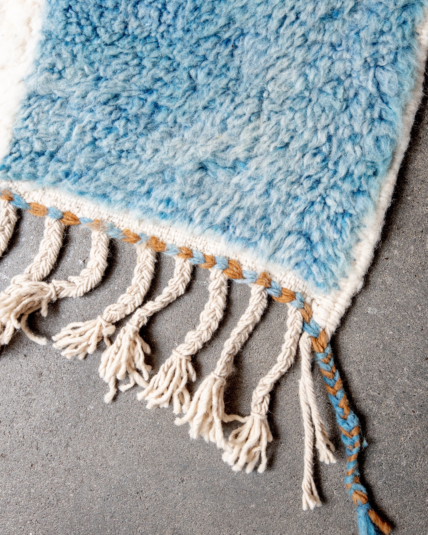 Modern, designer, handcrafted Berber rug from Morocco. Beniourain carpet with beautiful colours and patterns and fluffy wool texture.